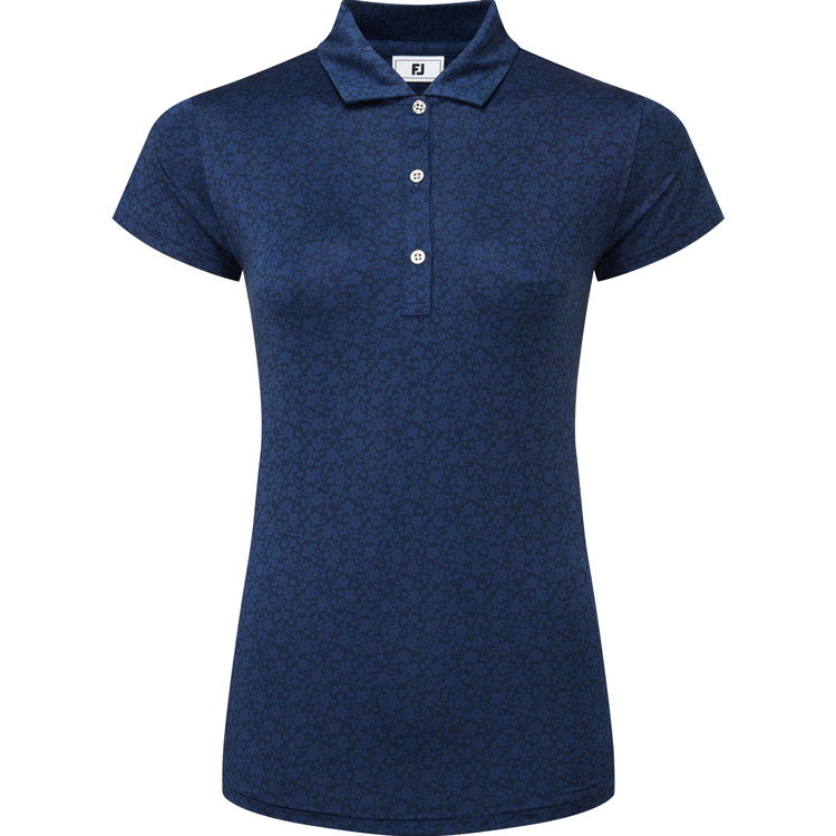 FootJoy Ladies Painted Floral Cap Sleeve Lisle Golf Polo Shirt Navy